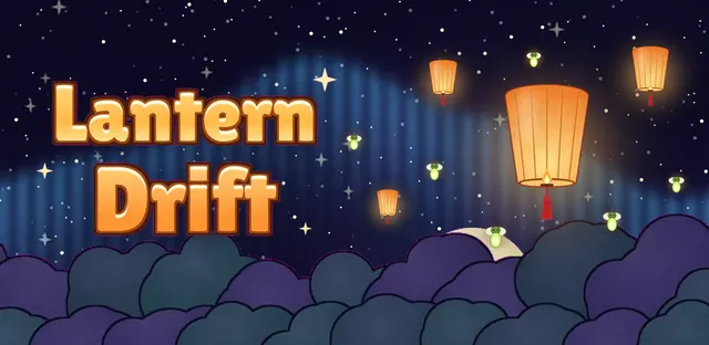 Lantern Drift: a glowing paper lantern floating through a starry night sky with fireflies