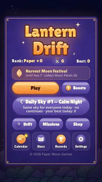 Lantern Drift title screen with the paper lantern under a moonlit sky